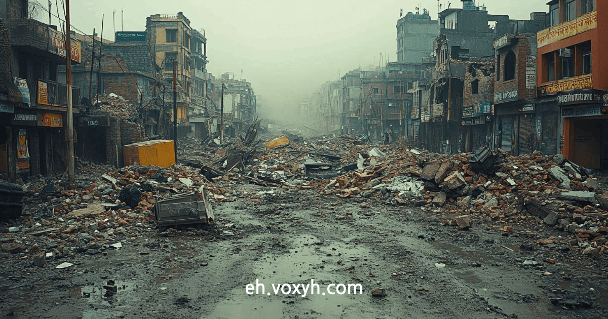 지진으로 인하여 건물이 붕괴된 모습