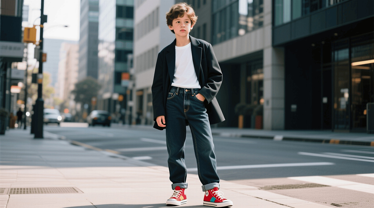 다크 워시 데님과 레드 컬러 스니커즈를 활용한 2026 스트릿 패션 스타일링