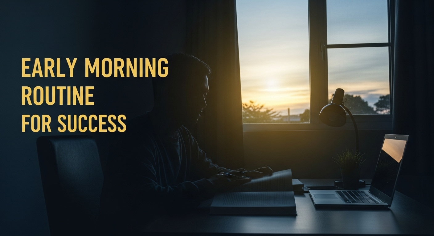 고요한 새벽 시간, 책을 읽거나 글을 쓰며 자기계발에 집중하는 사람의 모습. 미래의 성공을 위한 절대 시간 확보를 상징합니다.