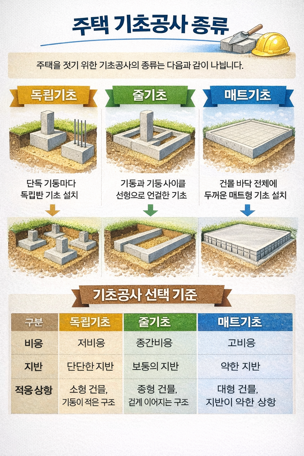 주택 기초공사 종류 독립기초 줄기초 매트기초 차이와 선택 기준