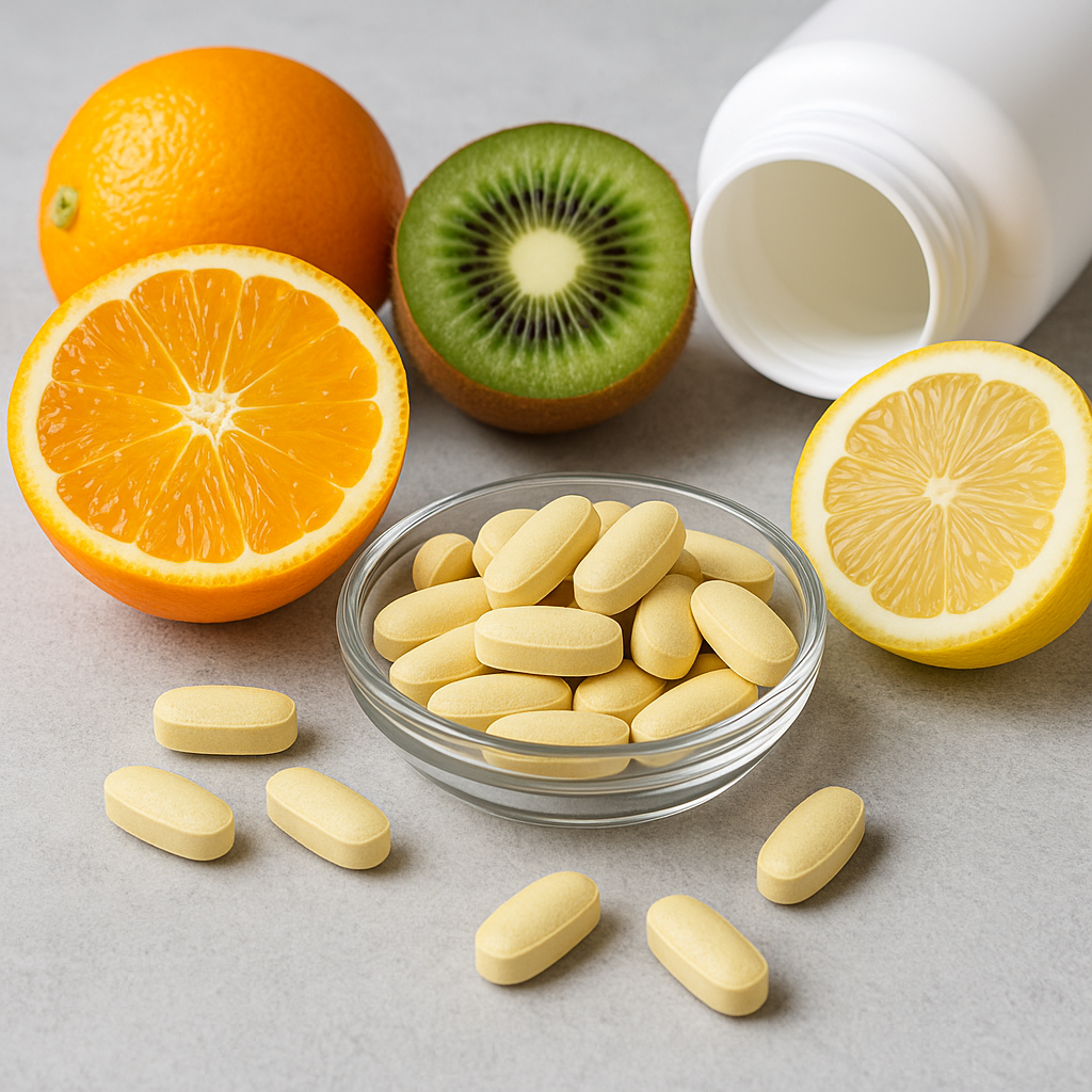 비타민C 알약과 오렌지 이미지 사진