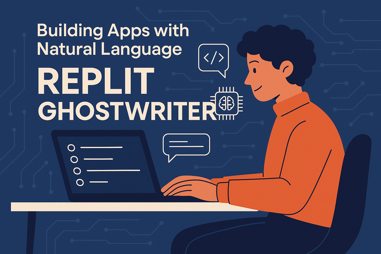 Replit Ghostwriter를 사용해 자연어로 앱을 개발하는 과정을 묘사한 디지털 일러스트, 젊은 개발자가 노트북 앞에서 코드와 말풍선으로 상호작용 중인 장면