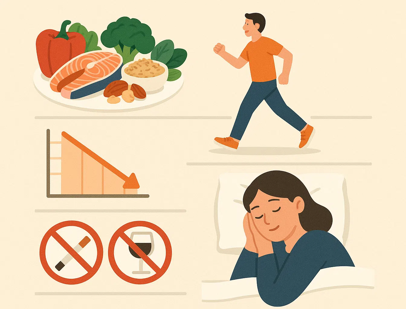 건강한 식단(채소, 통곡물, 생선, 견과류), 운동하는 사람(빠르게 걷기), 체중 감량 그래프, 숙면하는 사람, 금연·절주