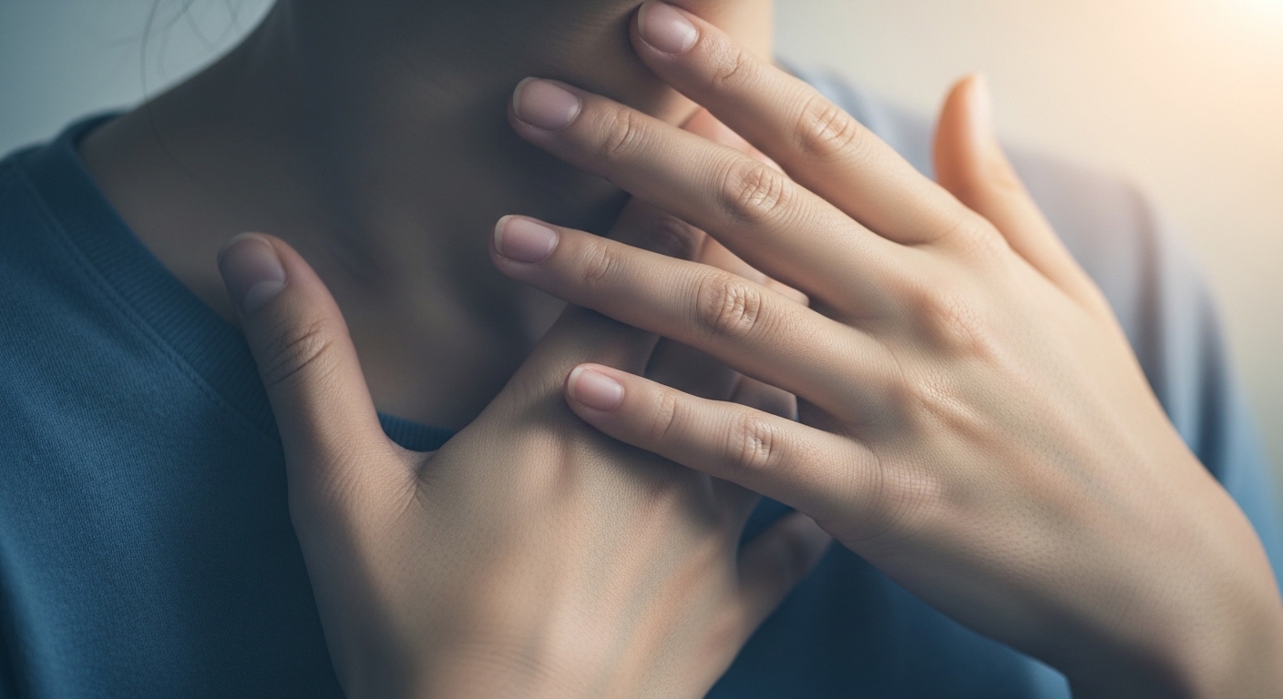 지속적인 마른기침으로 목을 만지는 사람의 손 클로즈업