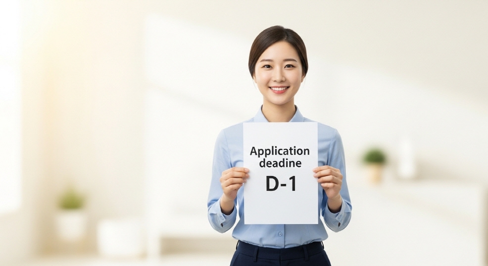 &lsquo;신청 마감 D-1&rsquo; 표시된 종이를 들고 있는 직원