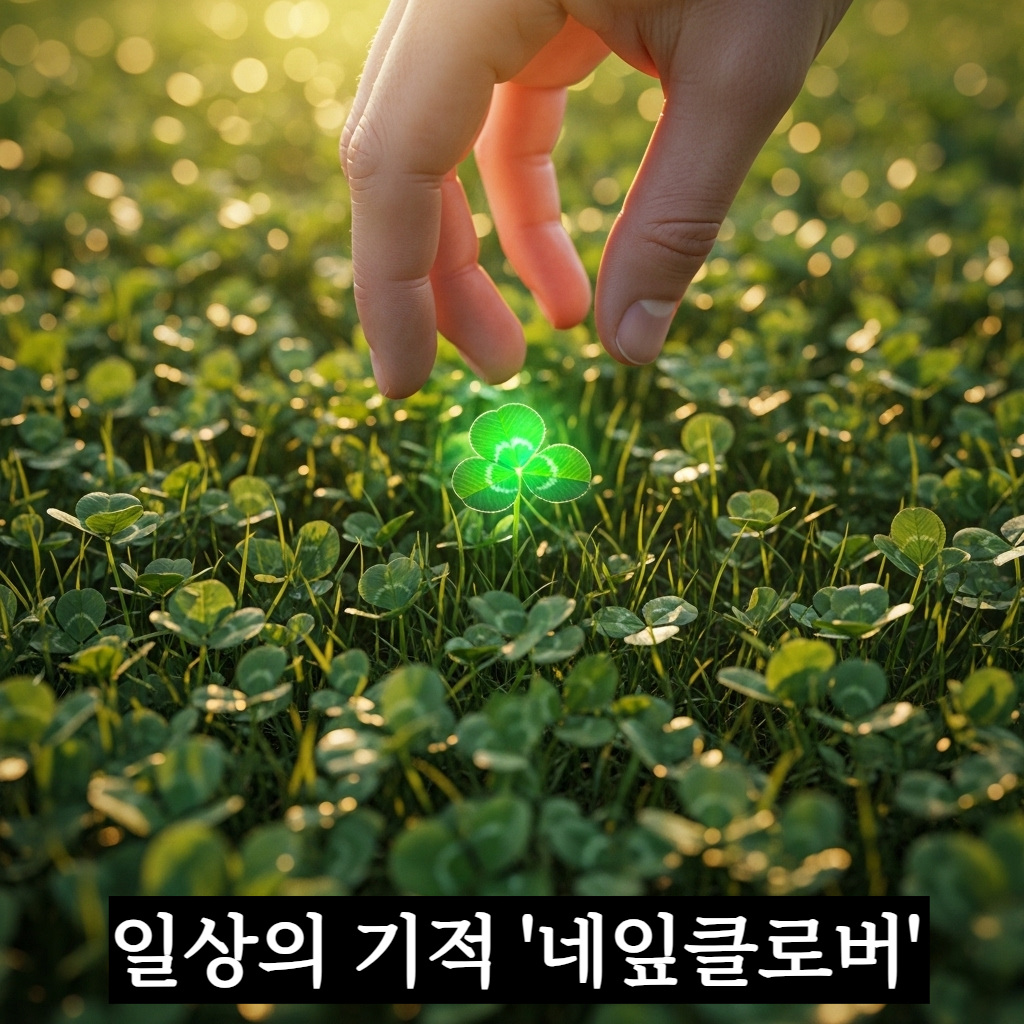 따스한 오후 햇살이 내리쬐는 푸른 풀밭 사이로 선명하게 빛나는 초록색 네잎클로버 하나를 조심스럽게 발견하는 사람의 손길 일러스트