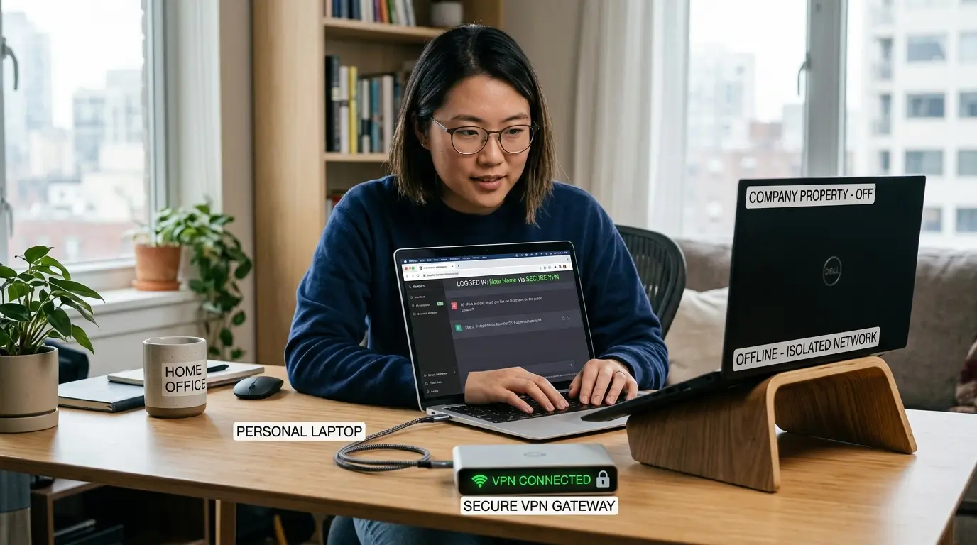 회사 시스템과 완벽하게 분리된 개인 노트북과 VPN을 통해 안전하게 AI를 사용하는 모습