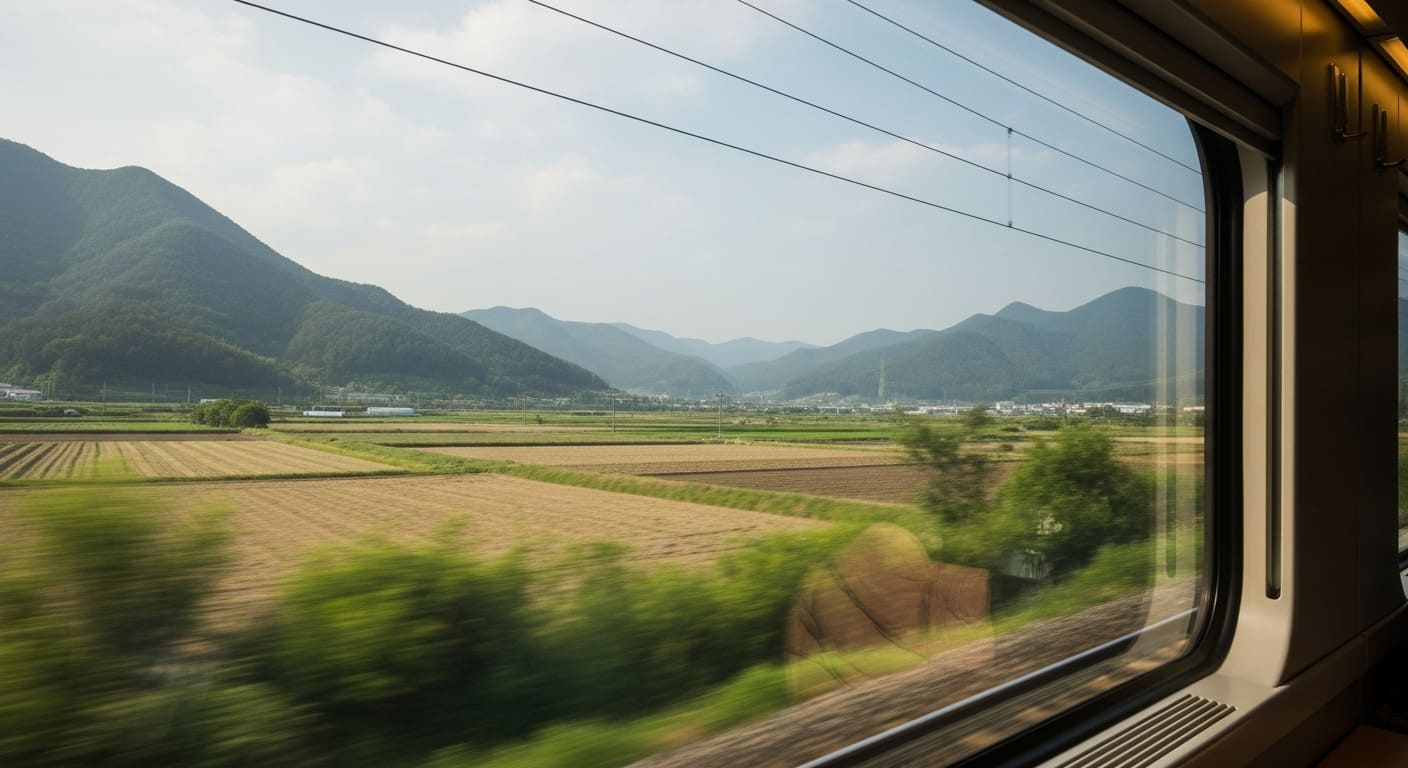 KTX 창밖으로 보이는 한국 시골 논밭과 산 풍경