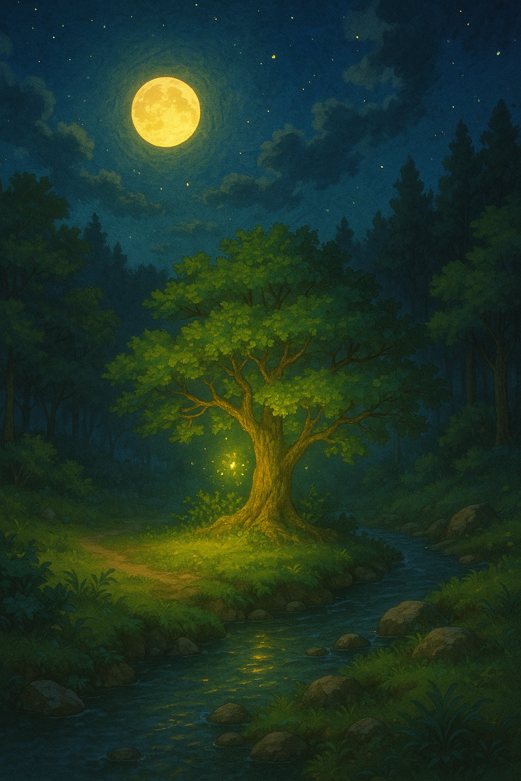 달빛이 비추는 고요한 숲속에서 오래된 나무가 은은한 빛을 품고 서 있는 지브리풍 일러스트. 부드러운 강물과 밤하늘의 별들이 어우러져 회복과 고요함의 분위기를 전달한다.