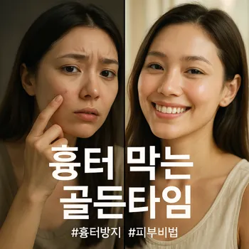 * 이미지 프롬프트: 화면을 반으로 나누는 분할 화면 이미지. 왼쪽 화면에는 20대 후반의 여성이 거울을 보며 자신의 뺨에 난 붉은 트러블 하나를 걱정스럽게 살펴보고 있다. 약간 어둡고 차분한 조명. 오른쪽 화면에는 동일한 여성이 깨끗해진 피부를 보며 밝고 자신감 있는 미소를 짓고 있다. 화사하고 따뜻한 자연광이 비치는 깨끗한 느낌. 전체적으로 잡지 화보 같은 세련된 느낌의 실사 스타일. 과장되지 않고 현실적인 피부 표현.

* 썸네일 텍스트(제목): 흉터 막는 골든타임

* 해시태그: #흉터방지 #피부비법