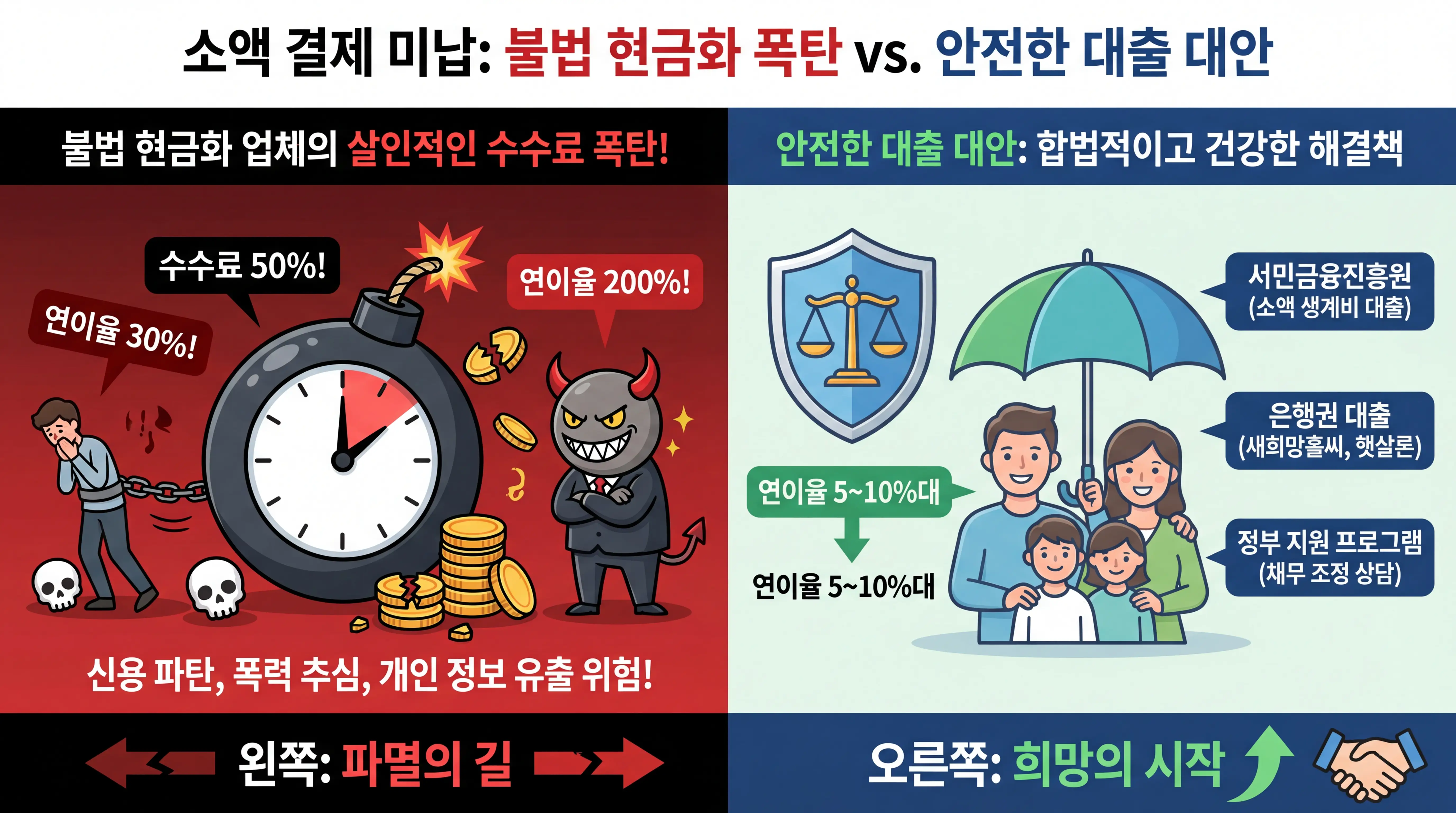 소액 결제 미납 시 불법 현금화 업체의 살인적인 수수료 폭탄을 경고하고 안전한 대출 대안을 제시하는 인포그래픽