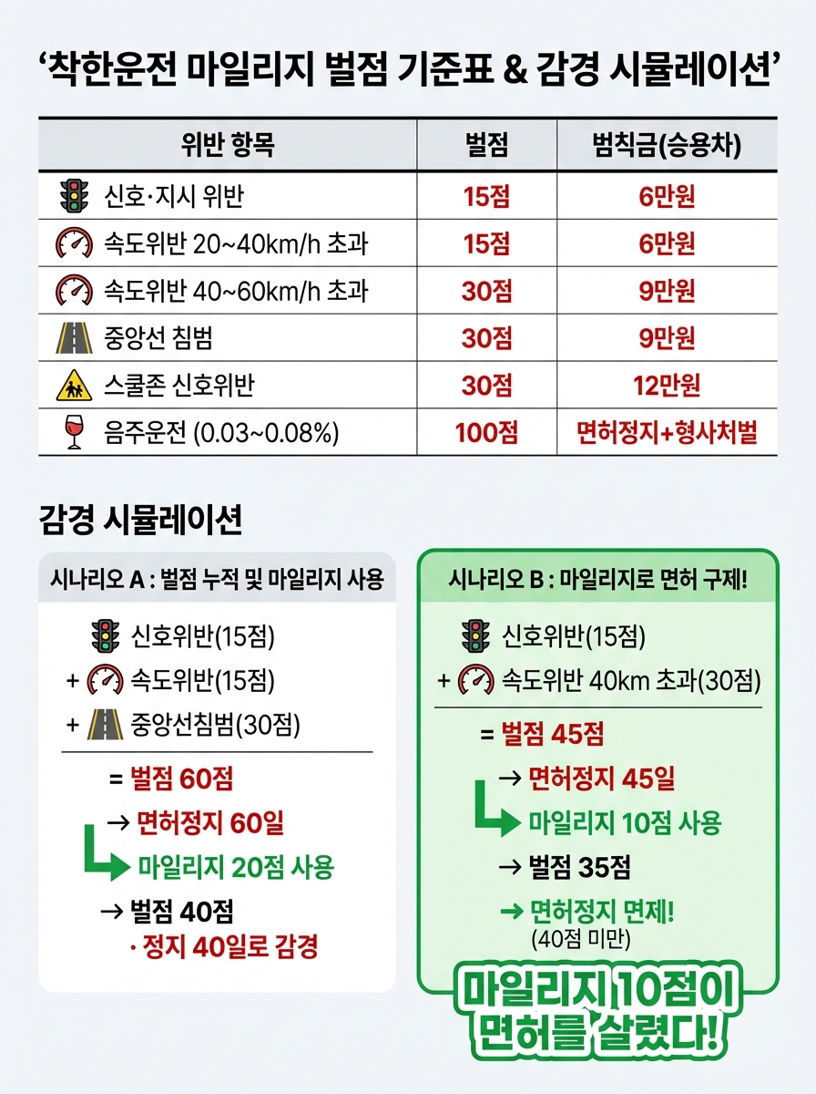 착한운전 마일리지 주요 위반별 벌점 기준표와 마일리지 감경 시뮬레이션 인포그래픽 &ndash; 상단 벌점 기준표 6개 항목: 신호&middot;지시 위반 벌점 15점 범칙금 승용차 6만원, 속도위반 20~40km/h 초과 15점 6만원, 속도위반 40~60km/h 초과 30점 9만원, 중앙선 침범 30점 9만원, 스쿨존 신호위반 30점 12만원, 음주운전 0.03~0.08% 100점 면허정지+형사처벌. 하단 감경 시뮬레이션 2개 시나리오: 시나리오 A (신호위반 15점 + 속도위반 15점 + 중앙선침범 30점 = 벌점 60점 &rarr; 면허정지 60일 &rarr; 마일리지 20점 사용 &rarr; 벌점 40점&middot;정지 40일로 감경), 시나리오 B 초록색 강조 (신호위반 15점 + 속도위반 40km 초과 30점 = 벌점 45점 &rarr; 면허정지 45일 &rarr; 마일리지 10점 사용 &rarr; 벌점 35점 &rarr; 면허정지 면제 40점 미만). 초록색 강조 라벨: 마일리지 10점이 면허를 살렸다
