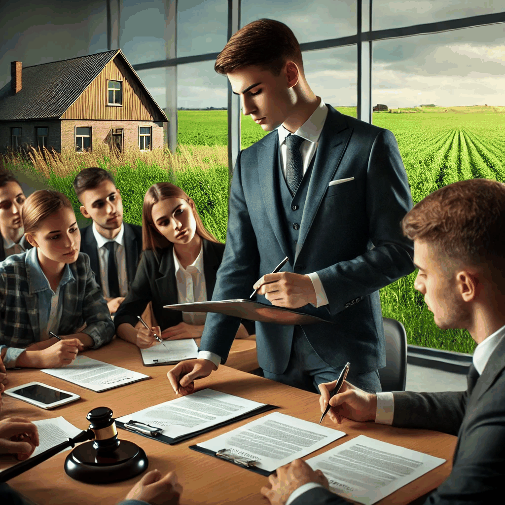 법률 전문가가 대학생들에게 농지 소유와 물권법에 대해 상담하는 장면