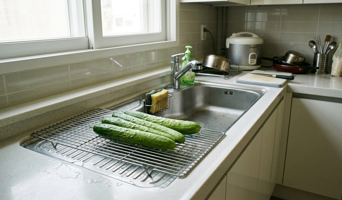 절인 오이를 채반에 올려 물기를 빼는 장면 