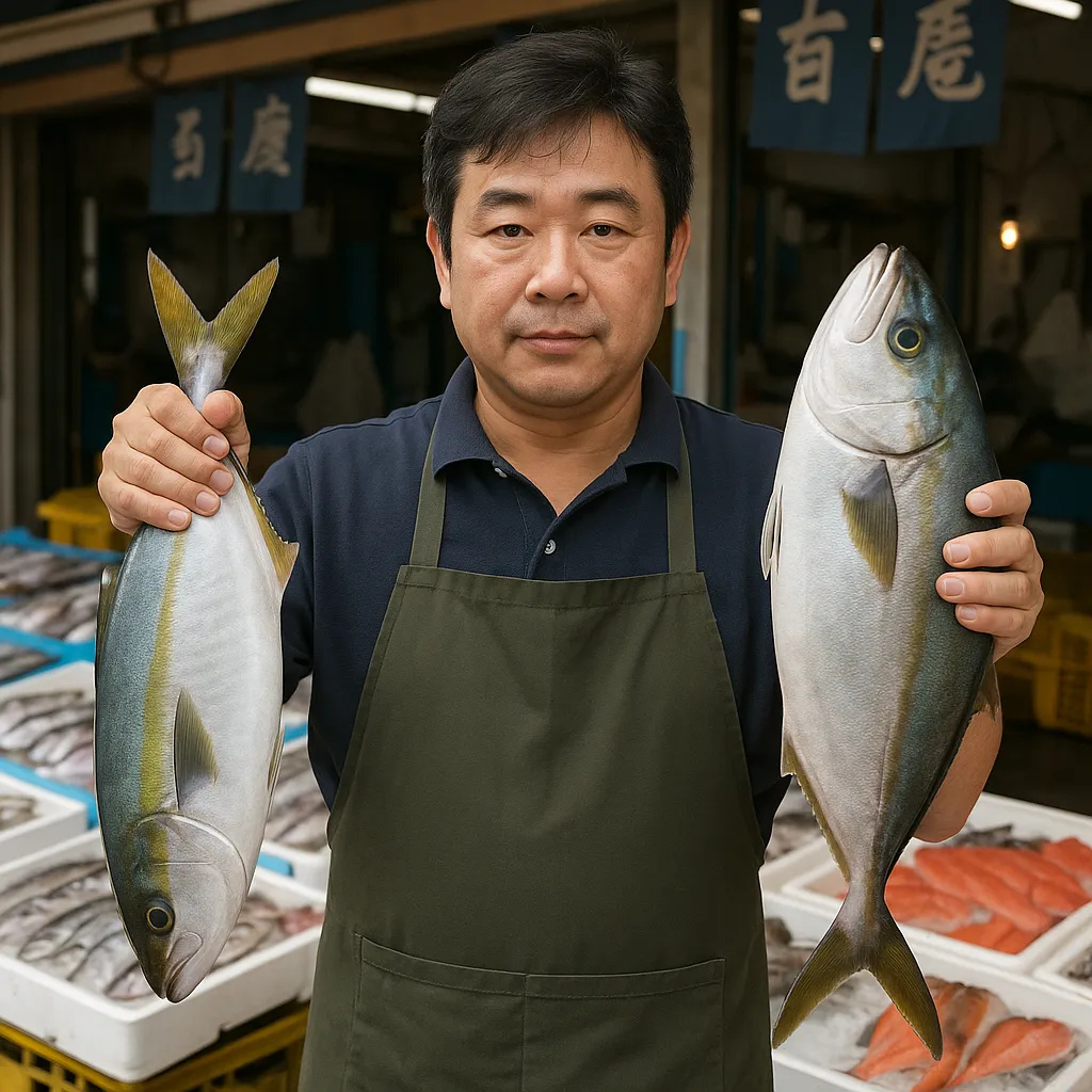 부시리와 방어를 양손에 든 시장 상인