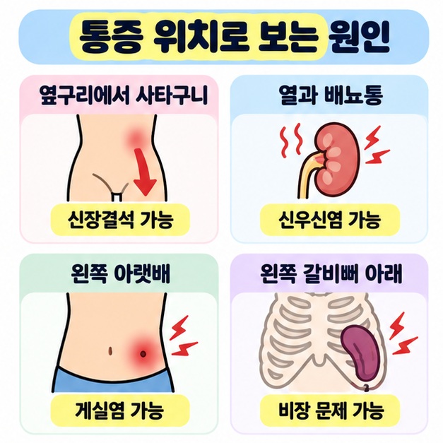 옆구리에서 사타구니로 번지는 통증은 신장결석, 열과 배뇨통은 신우신염, 왼쪽 아랫배 통증은 게실염을 의심할 수 있음을 정리한 카드