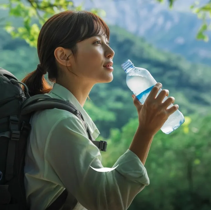 통풍 치료 목적으로 등산 중 물을 마시고 있는 사람