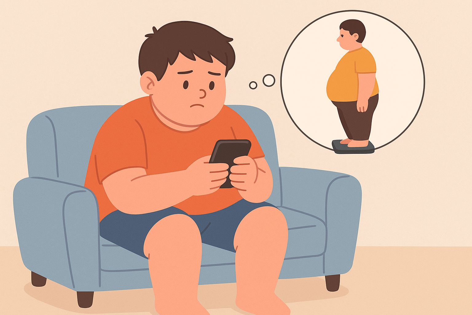 청소년이 스마트폰을 들고 앉아 있는 비만의 연관성을 상징적으로 표현하는 그림