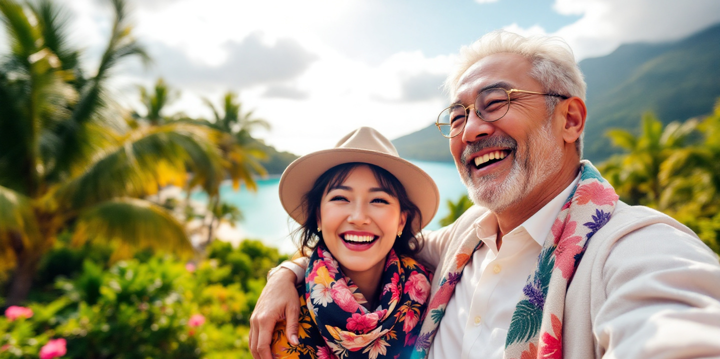 중년의 부부가 해외 여행지에서 활짝 웃는 모습