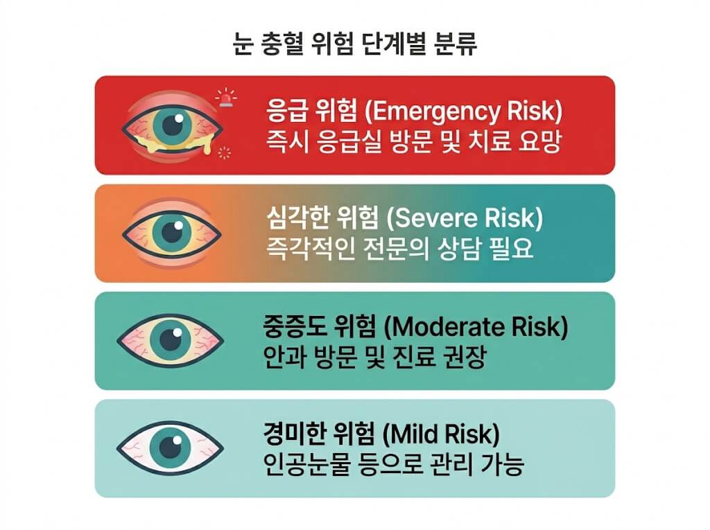 한쪽 눈 충혈 위험도 4단계를 경증부터 응급까지 색상으로 구분한 인포그래픽