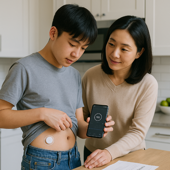 가정집 주방에서 10대 청소년이 복부에 연속혈당측정기를 부착한 채 스마트폰 앱으로 혈당 수치를 확인하는 모습