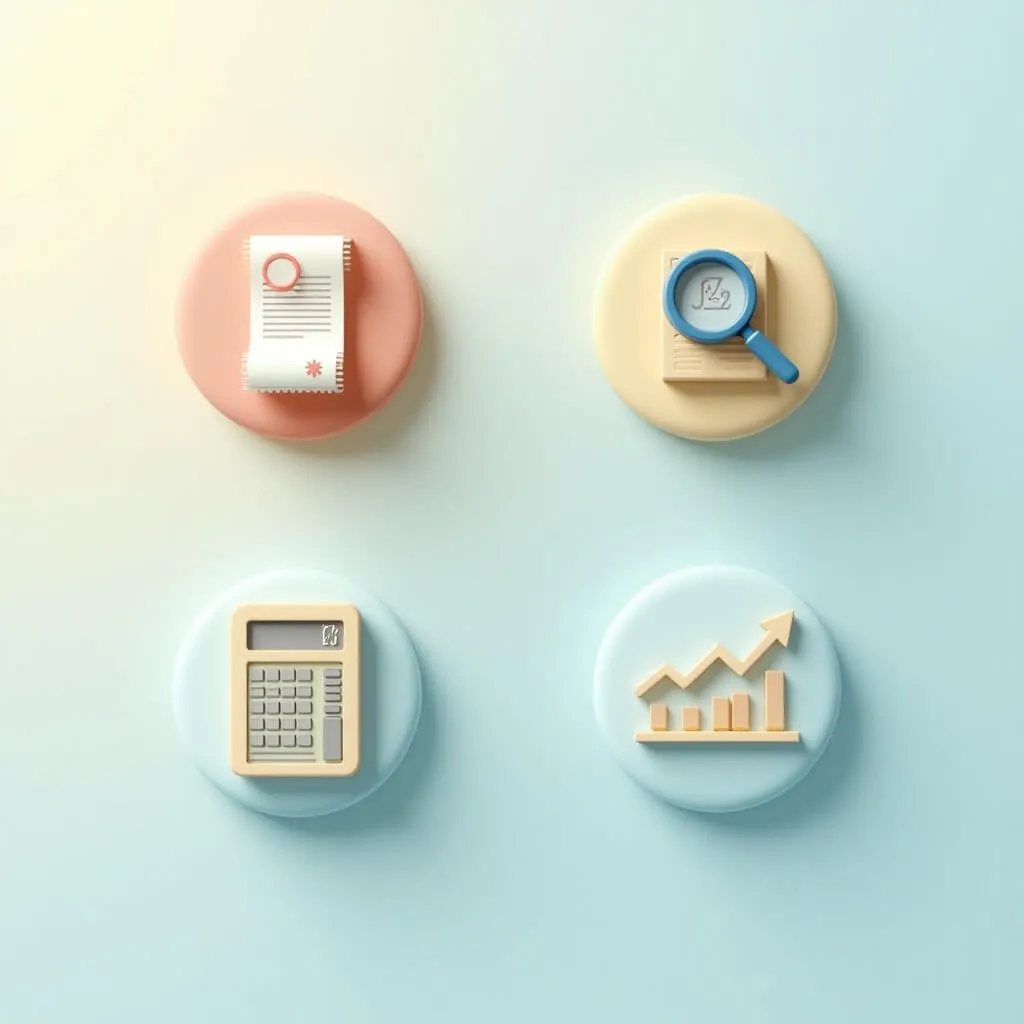 개인사업자 사업용 계좌를 사용하지 않을 때 발생하는 4대 세무 리스크를 표현한 이미지. 연한 크림-블루 그라데이션 배경에 2x2 배치로 4개의 3D 아이콘이 있음. 위 왼쪽은 영수증에 빨간 원 표시로 필요경비 부인, 위 오른쪽은 돋보기와 계좌로 매출 누락 의심, 아래 왼쪽은 계산기와 0.2% 표시로 가산세, 아래 오른쪽은 하락 그래프로 세액감면 배제를 시각화함. 부드러운 경고 메시지를 전달하는 금융 인포그래픽