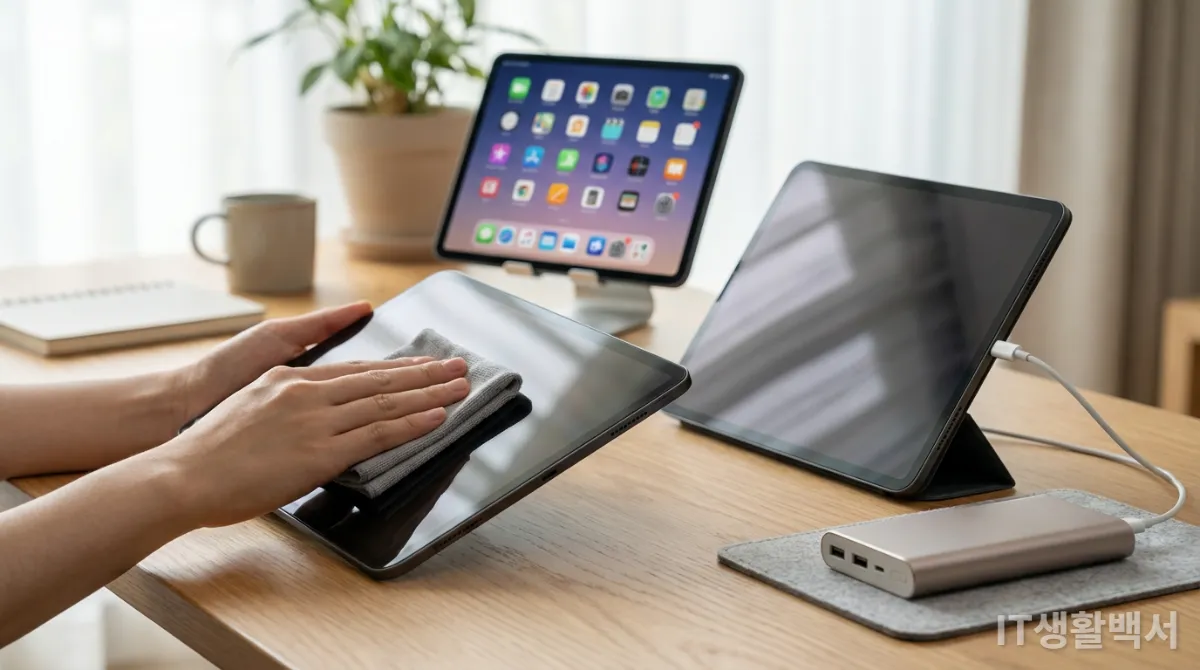 태블릿 화면을 닦고 배터리를 관리하는 모습으로 태블릿 활용 및 관리 팁을 시각화