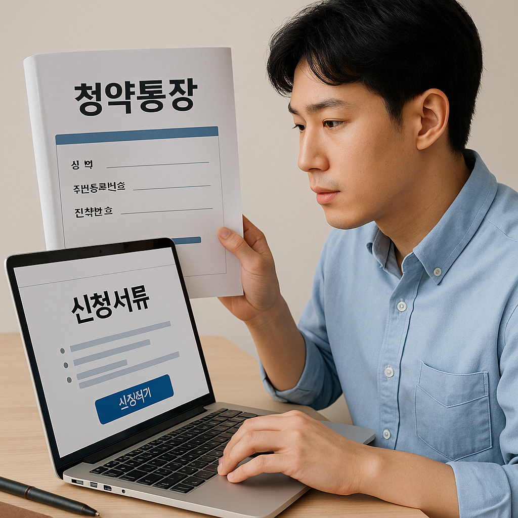 청년이 청약통장을 들고 주택 앞에서 미소 짓는 장면