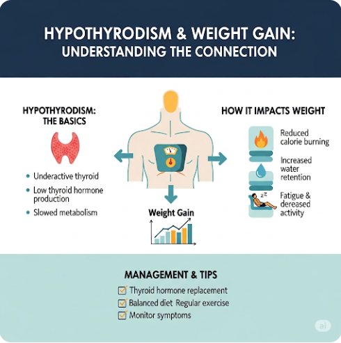 갑상선 기능 저하증과 체중 증가 관계를 정리한 인포그래픽 요약 카드 이미지