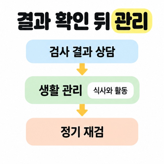 검사 결과 상담에서 식사와 활동을 포함한 생활 관리, 정기 재검으로 이어지는 세 단계 흐름