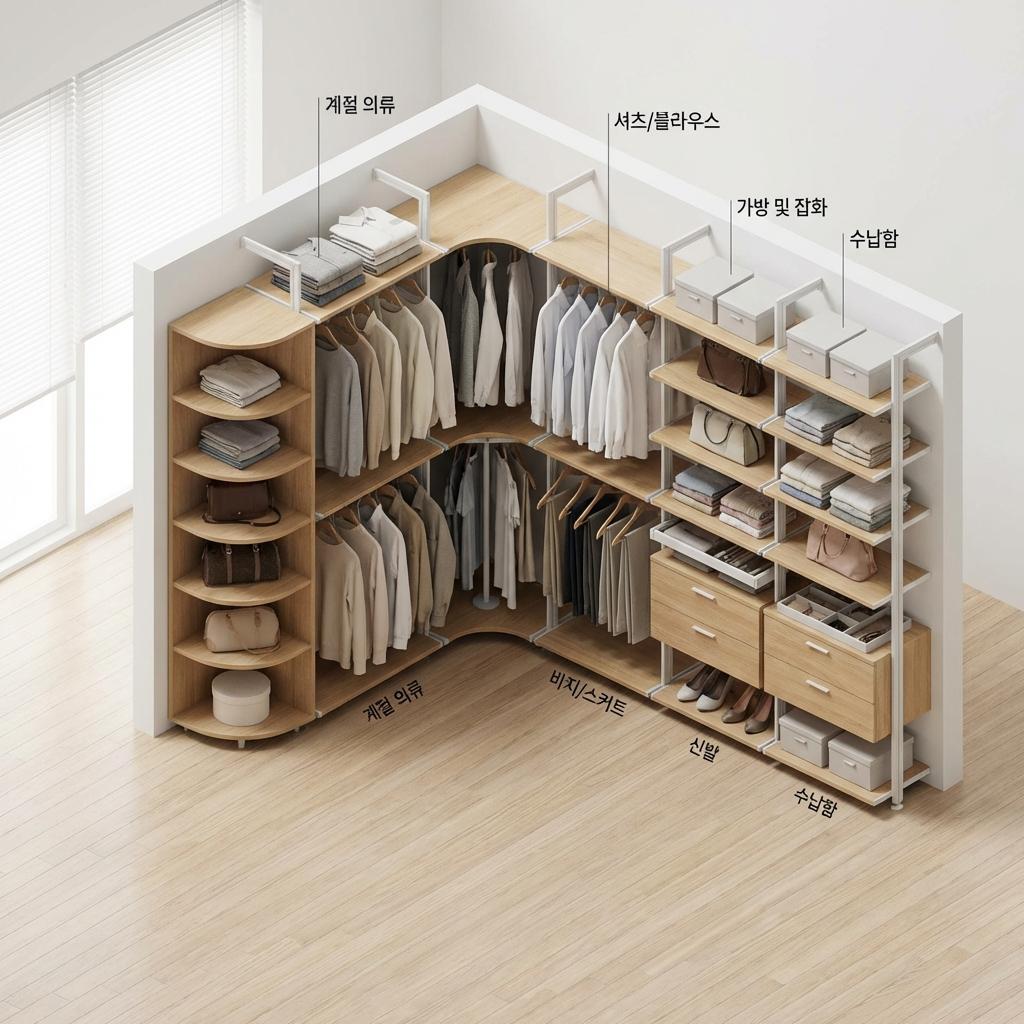 코너 공간 1%까지 찾아내는 시스템 옷장 도면