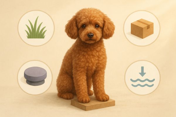 &ldquo;노령견 근육 관리 핵심 4단계&rdquo;
푸들 양쪽으로 지지성 보행 / 스텝-업 / 균형 훈련 / 수중 걷기 아이콘이 배열되있는 모습