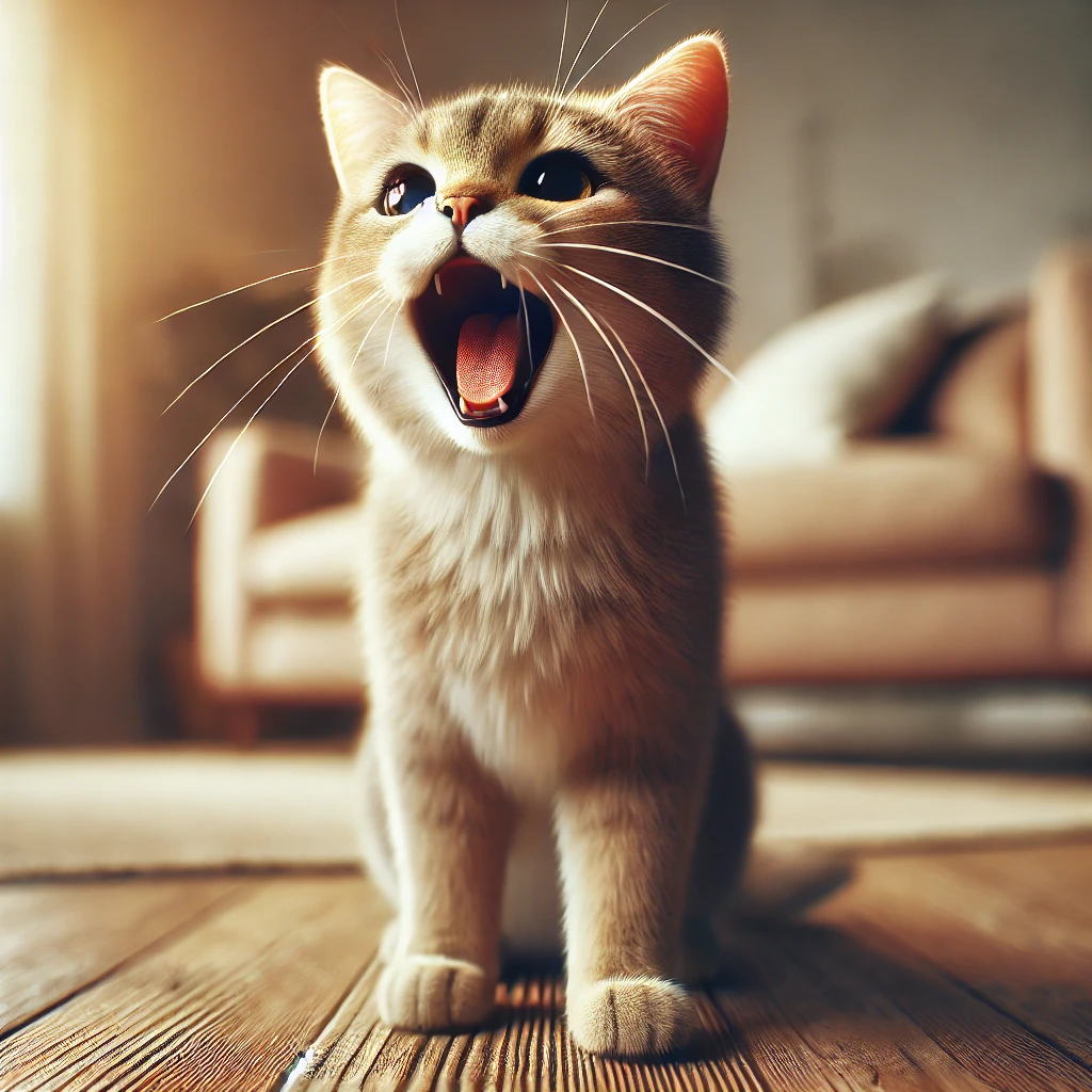 집 안에서 큰 소리로 울고 있는 고양이의 실사 이미지