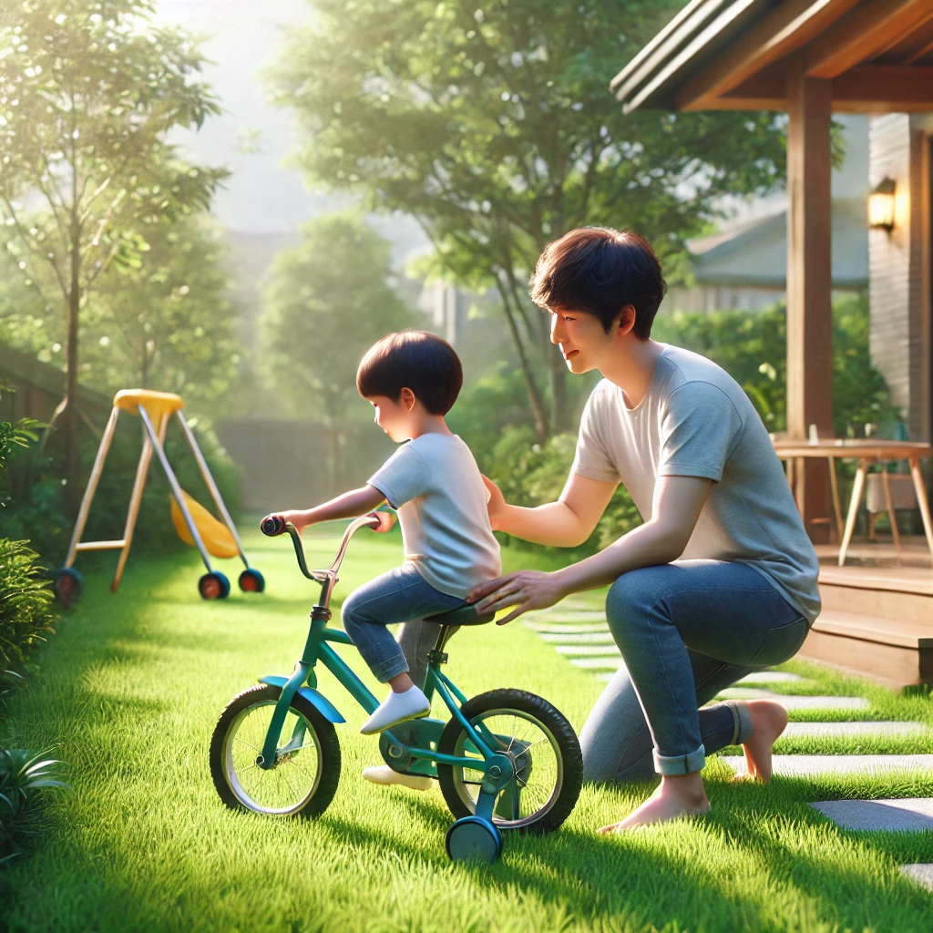 가족이 뒷마당에서 자전거 타기를 배우는 아이를 부모가 돕는 장면. 자연광과 초록 잔디가 어우러져 지지적이고 긍정적인 분위기