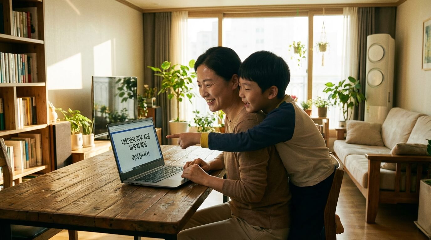 집 거실에서 엄마가 노트북이나 스마트폰으로 바우처 신청 완료 화면을 보며 기뻐하고, 옆에 있는 아이도 함께 기대감에 찬 모습입니다. 따뜻하고 희망적인 분위기를 연출합니다.