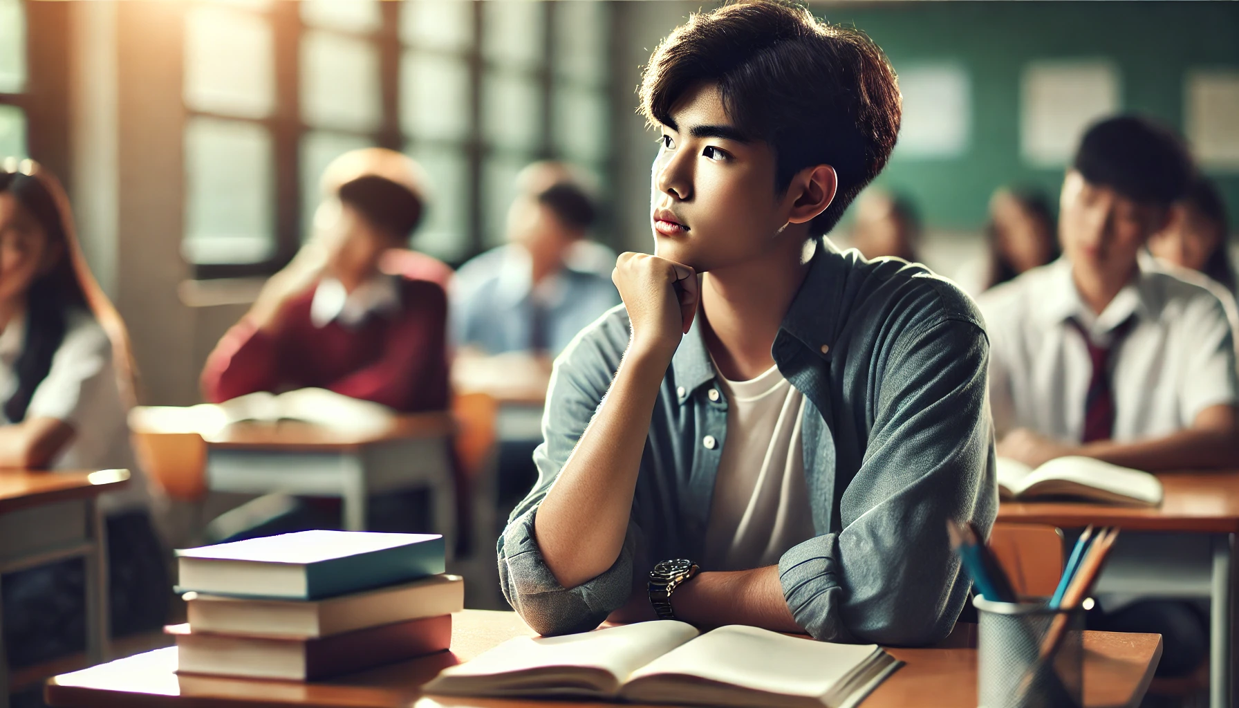 조용한 공간에서 진로를 고민하는 고등학생의 진지한 모습