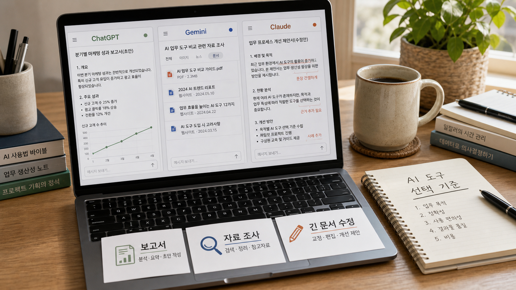 노트북 화면에서 ChatGPT Gemini Claude를 보고서 자료 조사 긴 문서 수정 작업으로 나눠 비교하는 현실적인 업무 장면