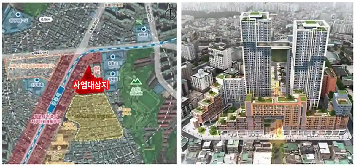 쌍문역-동측-도심공공주택-위치(좌)-조감도(우)