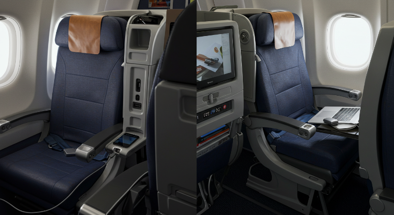 이코노미석과 비즈니스석에서 차이 나는 전자기기 충전 포트.