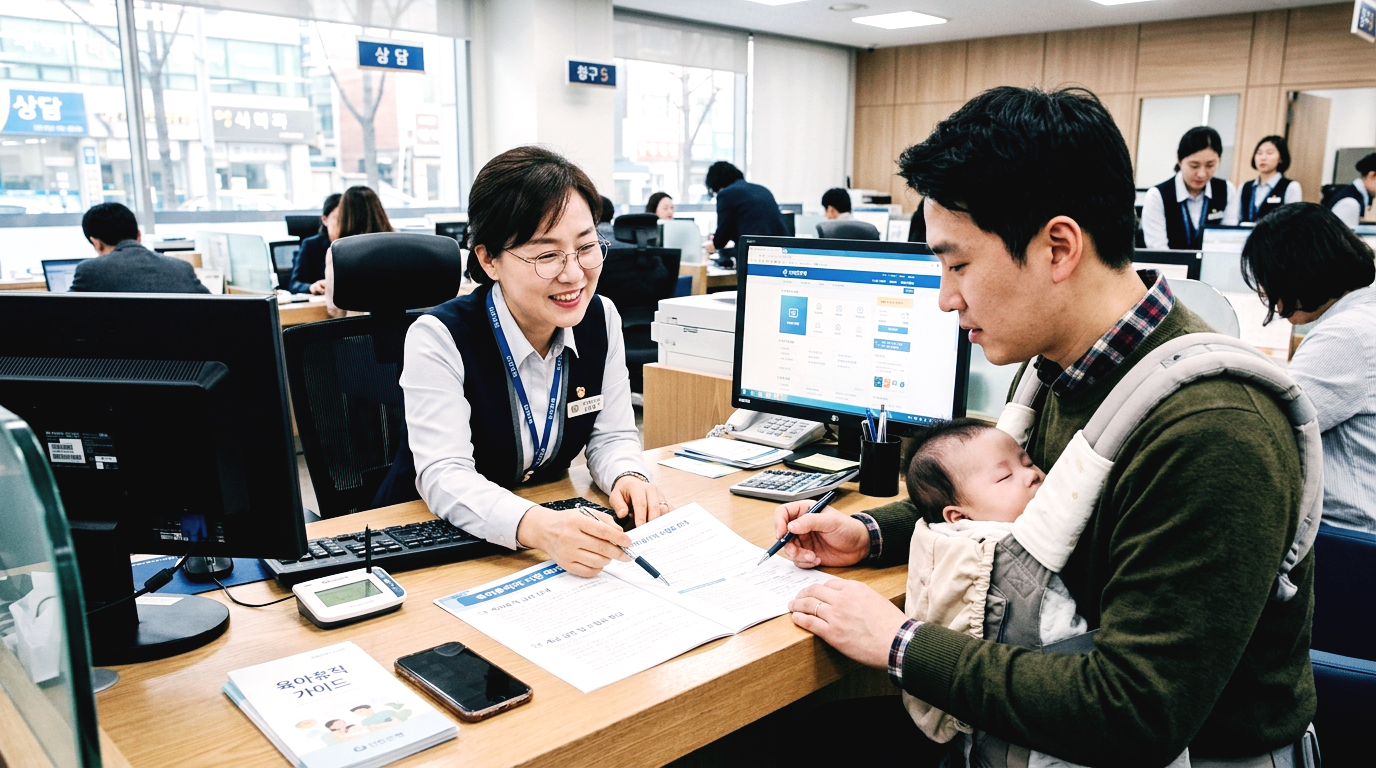 육아휴직 금융 혜택에 대해 상담받고 있는 남성의 모습.