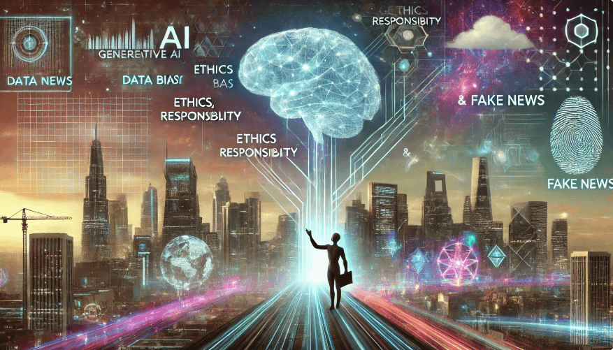 Generative AI, 윤리, 책임감, 데이터 편향, 가짜 뉴스가 함께 어우러진 미래 사회 장면 이미지