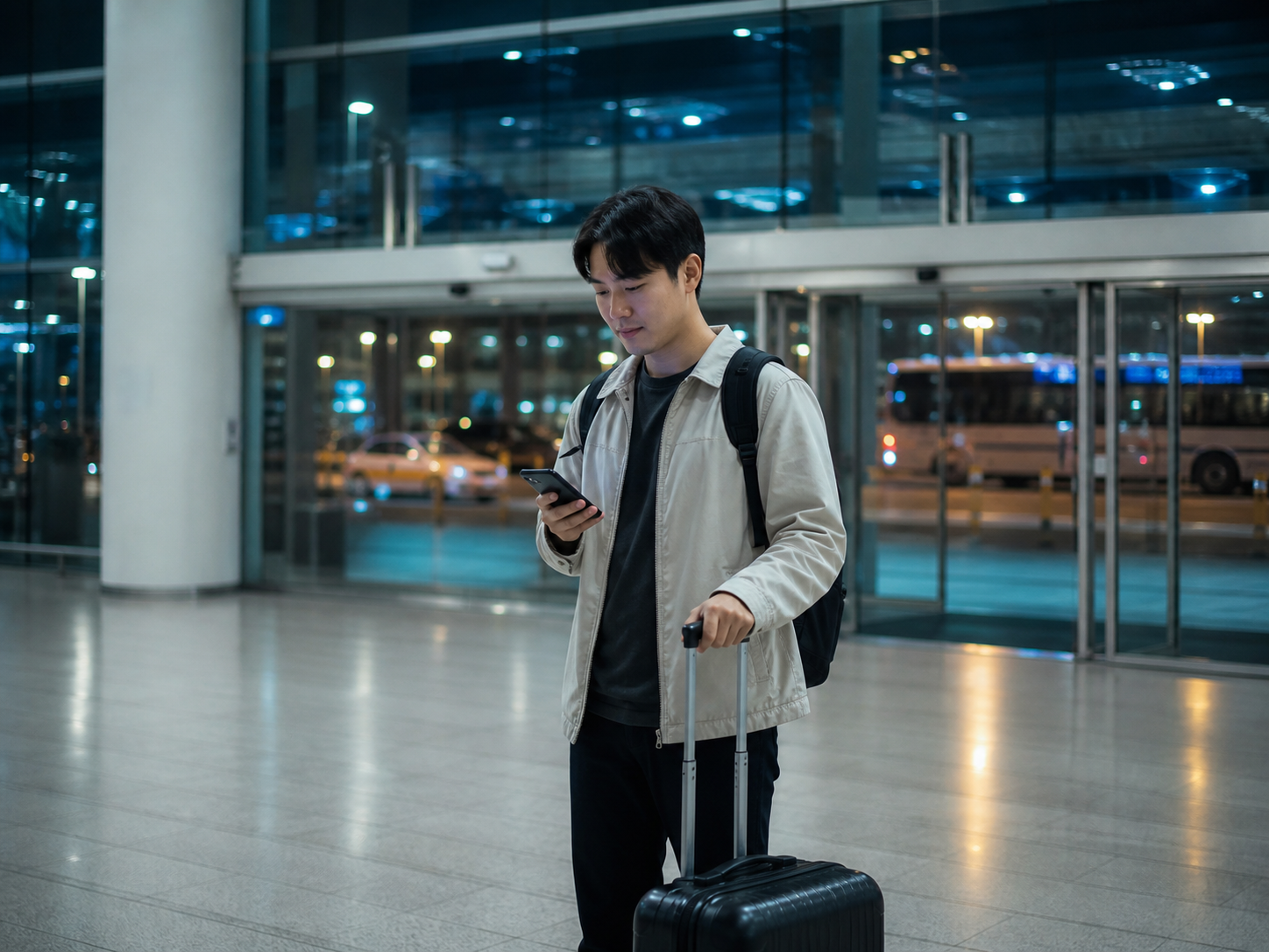 인천공항 새벽 도착 후 휴대전화로 귀가 교통편을 찾는 여행자