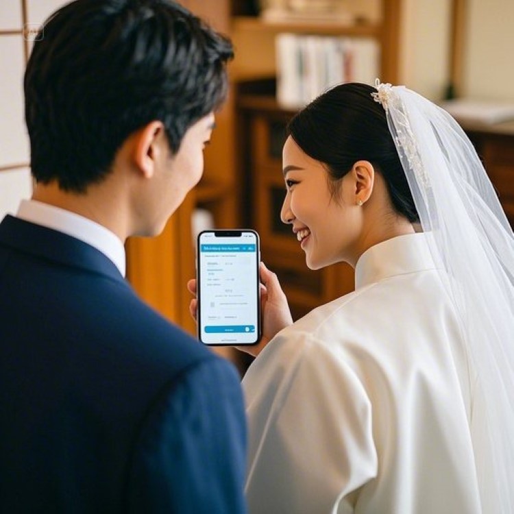 신혼부부가 경기민원24 앱으로 결혼지원금 신청 화면을 보며 웃는 장면., 따뜻한 신혼집 배경, 희망적인 분위기.