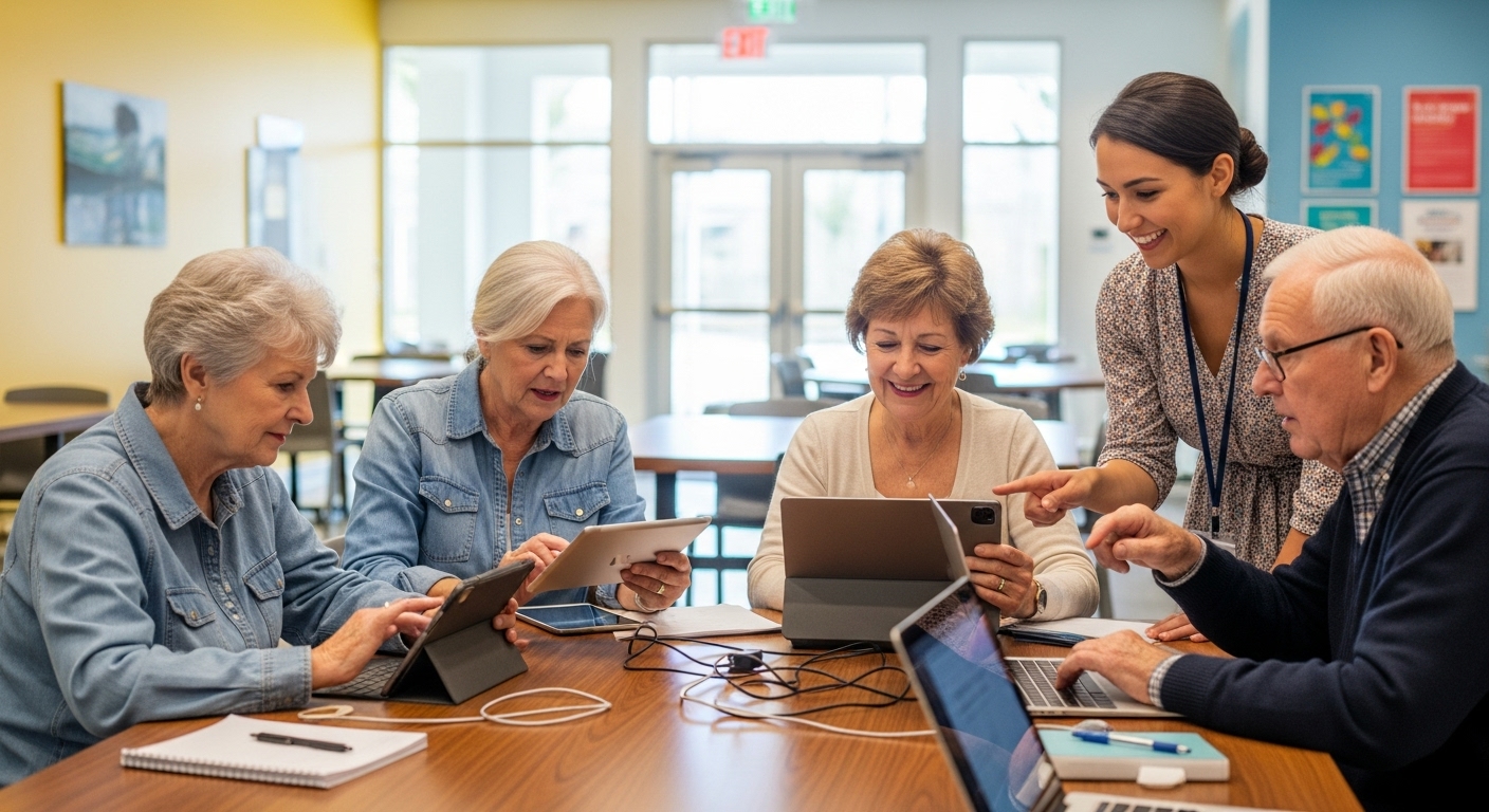 지역 복지관에서 강사의 도움을 받아 태블릿과 노트북 사용법을 배우는 시니어들이 활기차게 소통하는 모습, 디지털 학습 커뮤니티의 중요성을 상징.