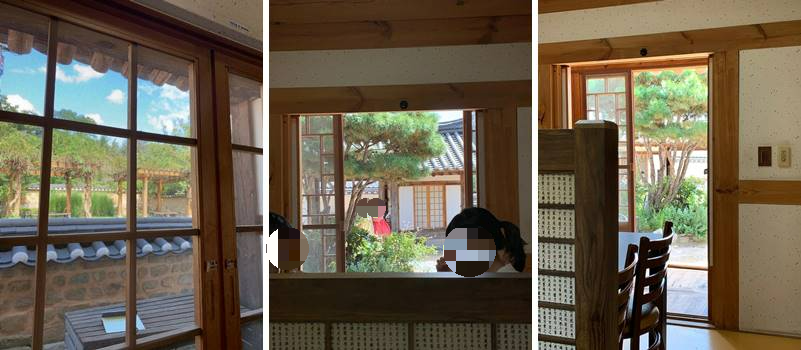 내부 자리에서 보는 한옥 뷰