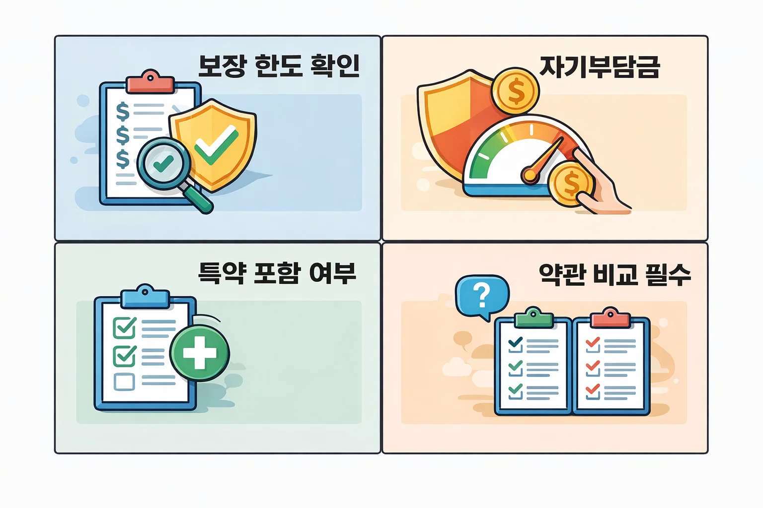 운전자보험 일상생활배상 특약 포함 여부, 자기부담금, 약관 비교 등 보장 선택 시 꼭 확인해야 할 기준을 시각적으로 정리한 이미지