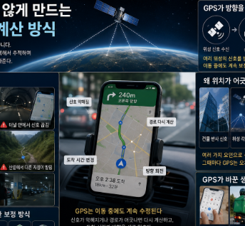 GPS 신호가 흔들리는 도시에서 지도 어플의 이동 경로가 계속 수정되고 길을 찾아가는 운전자