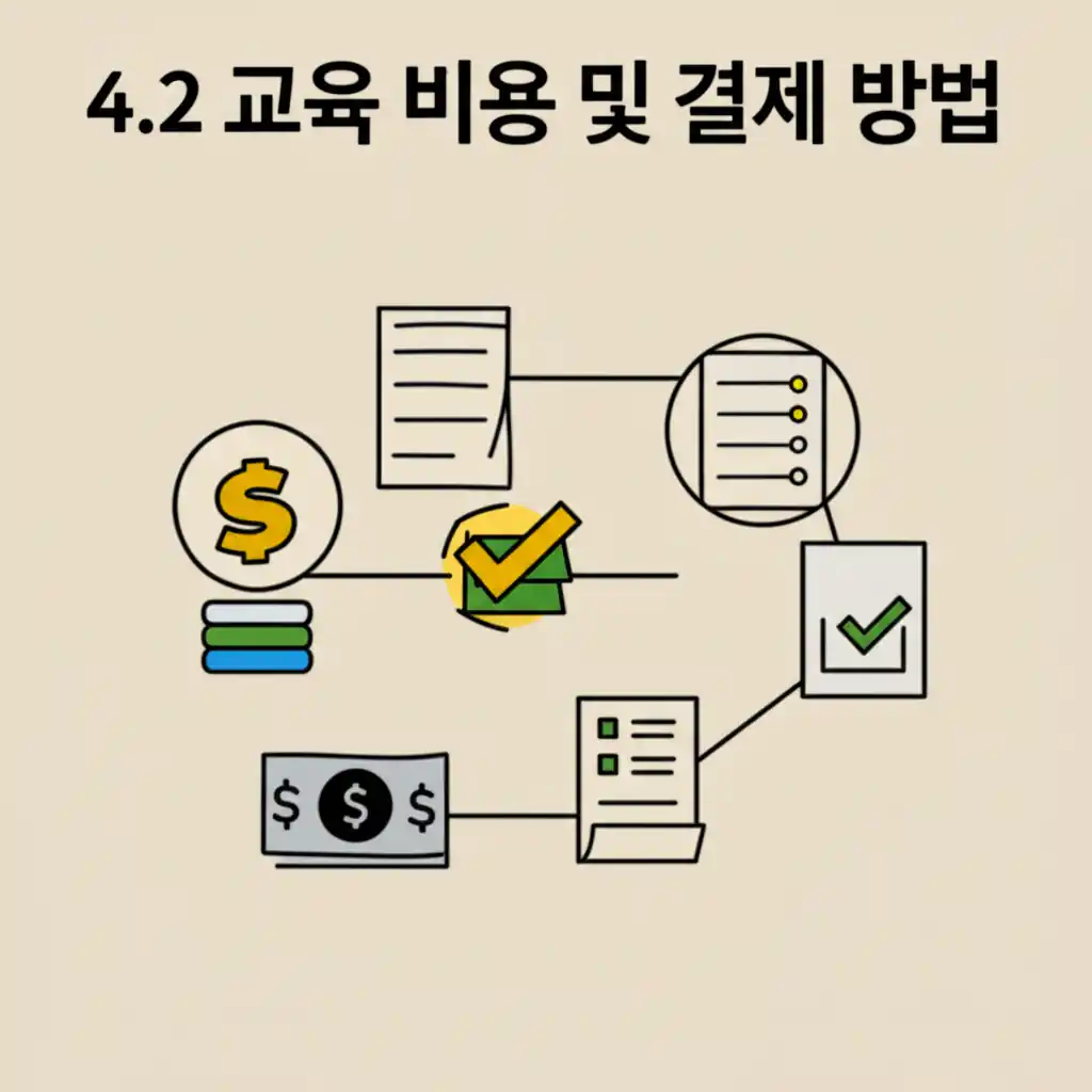 개인택시 양수교육 홈페이지의 교육 비용 및 결제 방법 안내 화면.