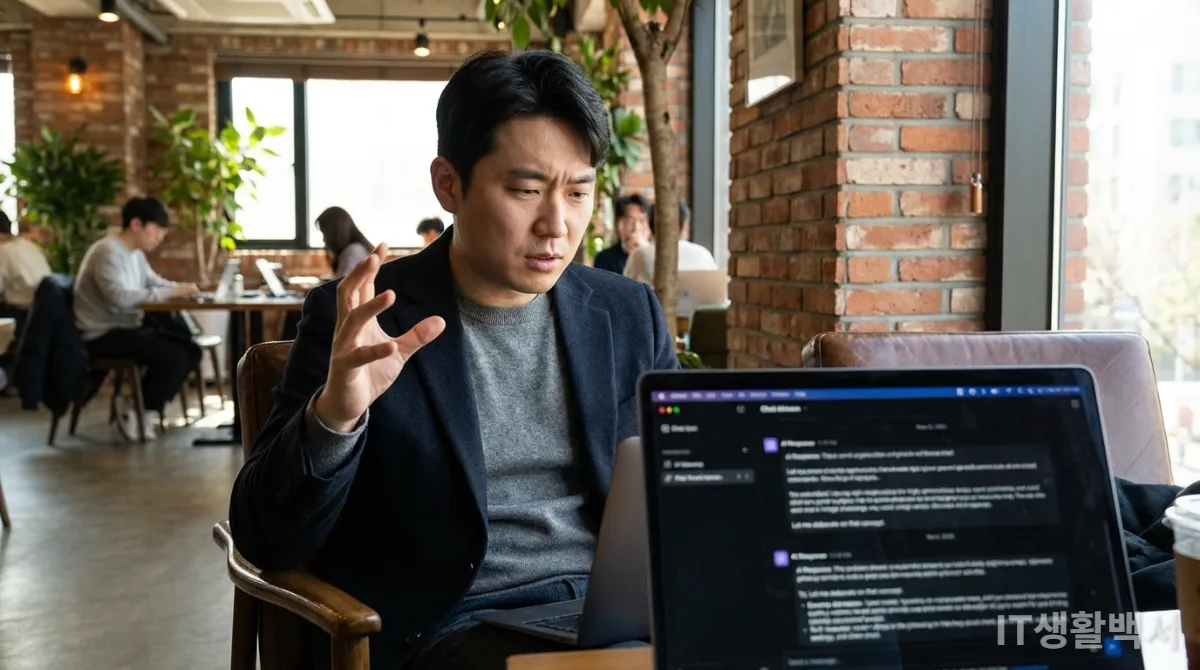 모던한 코워킹 스페이스에서 AI 챗봇과 소통하며 업무에 집중하는 한국인 남성 전문가