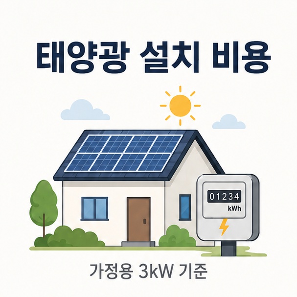 단독주택 지붕에 3kW 규모 태양광 패널을 설치하는 모습을 통해 가정용 태양광 설치 비용을 표현한 이미지